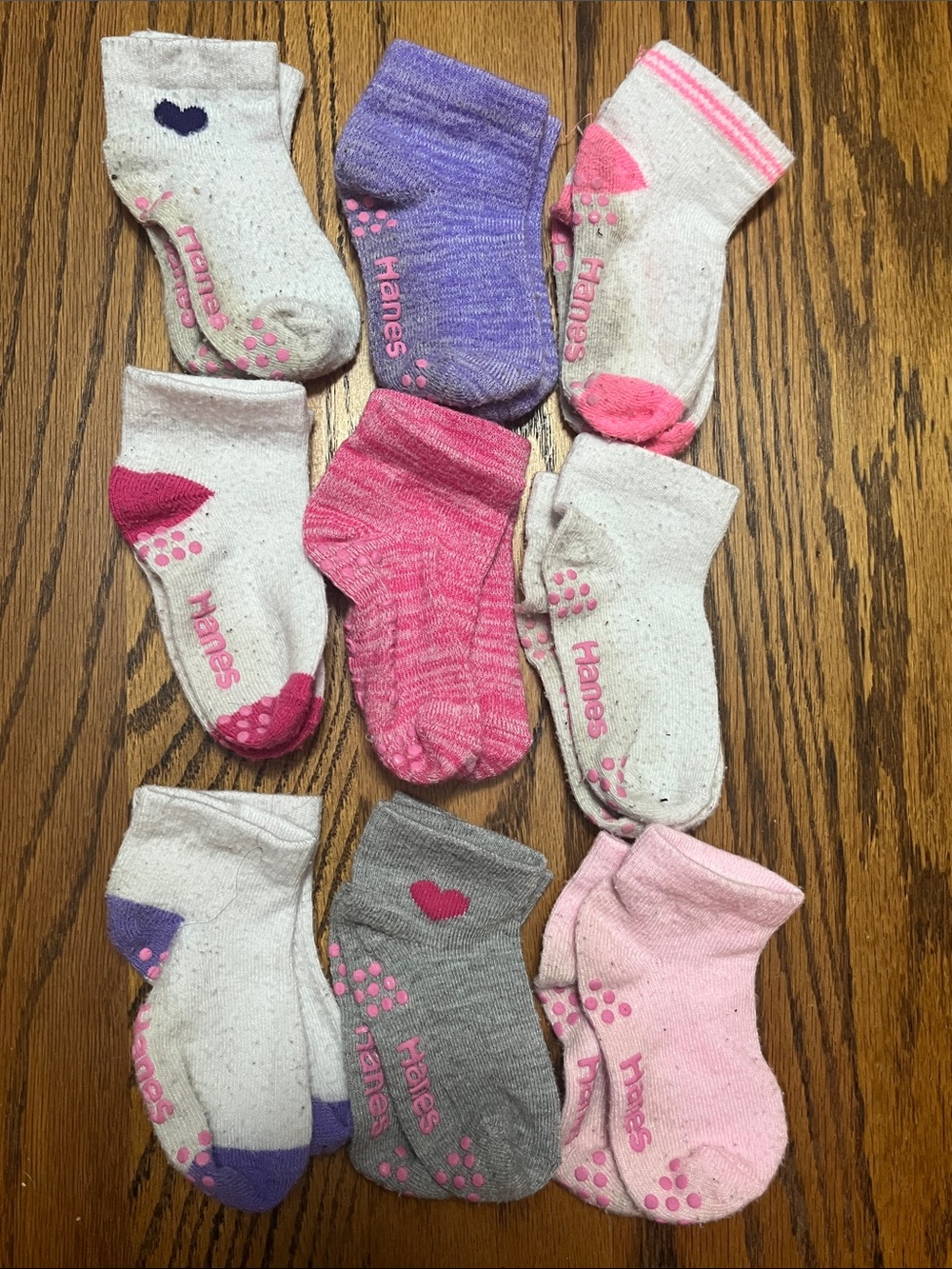 Hanes Kids Non-Skid Crew Socks in Pink, Purple, Gray & White (9-Pack)